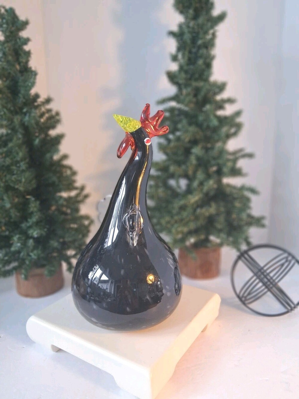 Vtg Murano Style Black Speckled Art Glass Rooster Figurine 10